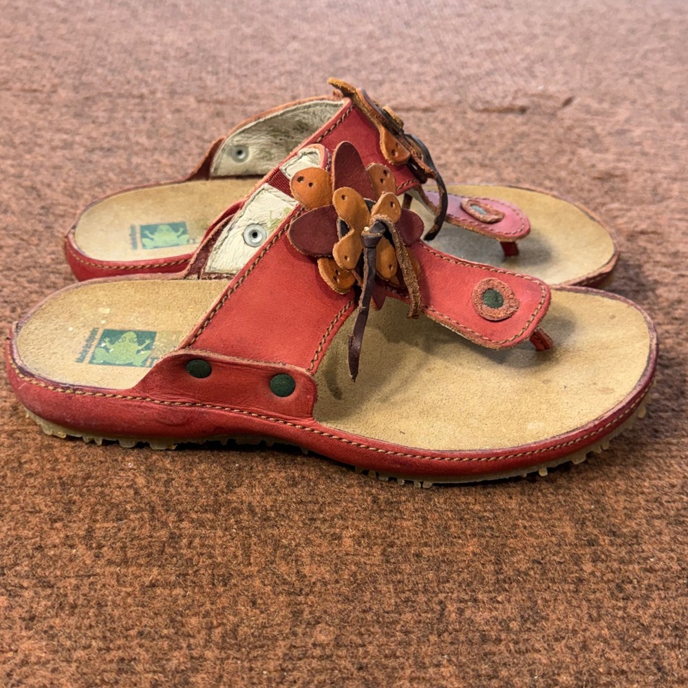 El Naturalista Red Leather Flower Thong Sandals Spain Boho Slides 118 Size 36